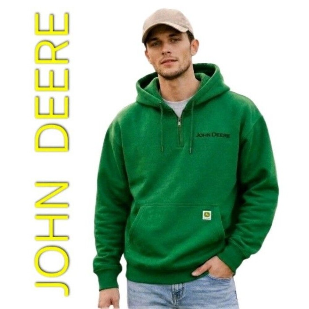 John Deere Men's S Quarter Zip Hoodie Cotton Rich Heavyweight Embroidered Green